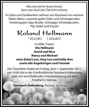 Traueranzeige von Roland Hellmann von Südthüringer Presse