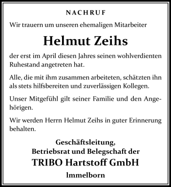 Traueranzeige von Helmut Zeihs von Südthüringer Presse