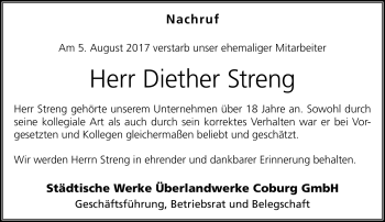Traueranzeige von Diether Streng von Neue Presse Coburg