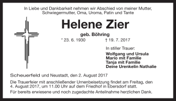 Traueranzeige von Helene Zier von Neue Presse Coburg