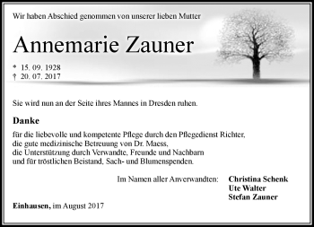 Traueranzeige von Annemarie Zauner von Südthüringer Presse