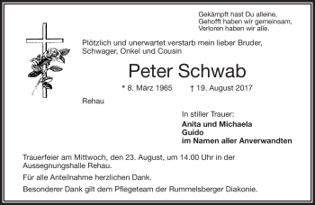 Traueranzeige von Peter Schwab von Frankenpost