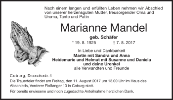 Traueranzeige von Marianne Mandel von Neue Presse Coburg