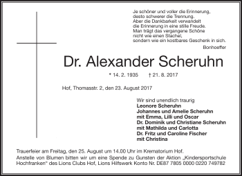 Traueranzeige von Alexander Scheruhn von Frankenpost