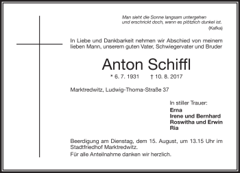 Traueranzeige von Anton Schiffl von Frankenpost