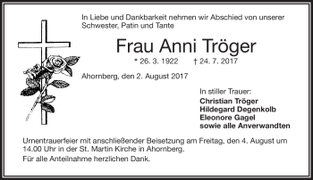 Traueranzeige von Anni Tröger von Frankenpost