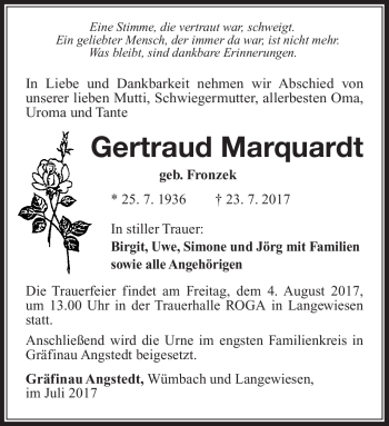 Traueranzeige von Gertraud Marquardt von Südthüringer Presse