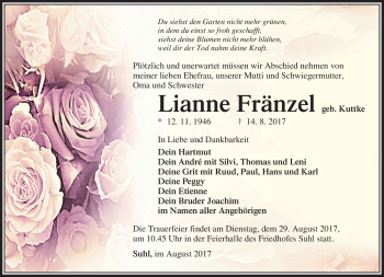 Traueranzeige von Lianne Fränzel von Südthüringer Presse