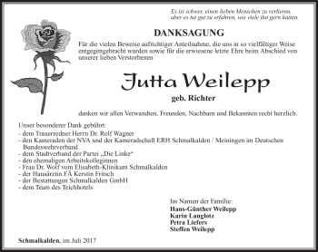Traueranzeige von Jutta Weilepp von Südthüringer Presse