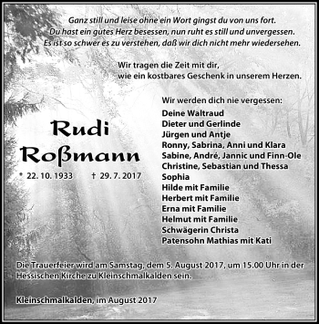 Traueranzeige von Rudi Roßmann von Südthüringer Presse