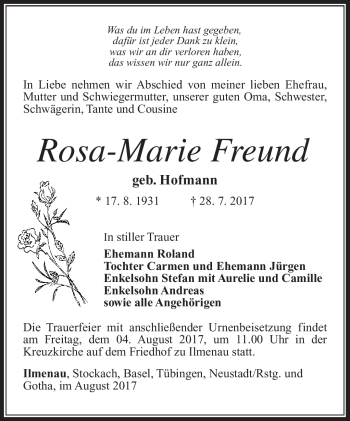 Traueranzeige von Rosa-Marie Freund von Südthüringer Presse