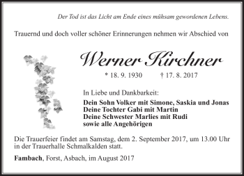 Traueranzeige von Werner Kirchner von Südthüringer Presse