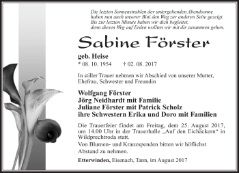 Traueranzeige von Sabine Förster von Südthüringer Presse