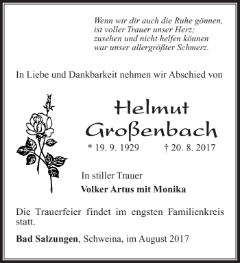 Traueranzeige von Helmut Großenbach von Südthüringer Presse