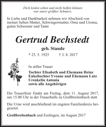 Traueranzeige von Gertrud Bechstedt von Südthüringer Presse