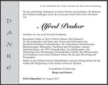 Traueranzeige von Alfred Peuker von Südthüringer Presse