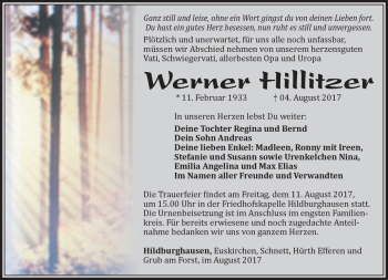 Traueranzeige von Werner Hillitzer von Südthüringer Presse