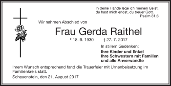 Traueranzeige von Gerda Raithel von Frankenpost