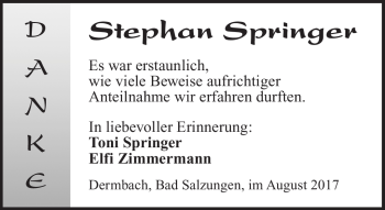 Traueranzeige von Stephan Springer von Südthüringer Presse