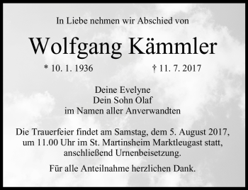 Traueranzeige von Wolfgang Kämmler von Frankenpost