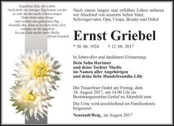 Traueranzeige von Ernst Griebel von Südthüringer Presse