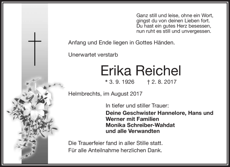  Traueranzeige für Erika Reichel vom 12.08.2017 aus Frankenpost