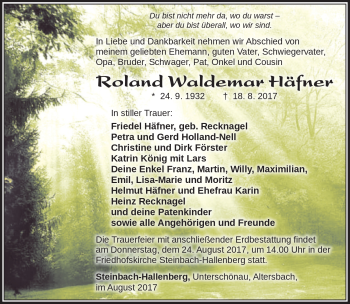 Traueranzeige von Roland Waldemar Häfner von Südthüringer Presse