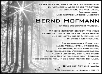 Traueranzeige von Bernd Hofmann von Südthüringer Presse