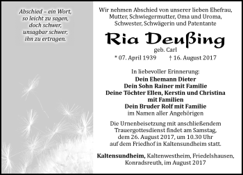 Traueranzeige von Ria Deußing von Südthüringer Presse