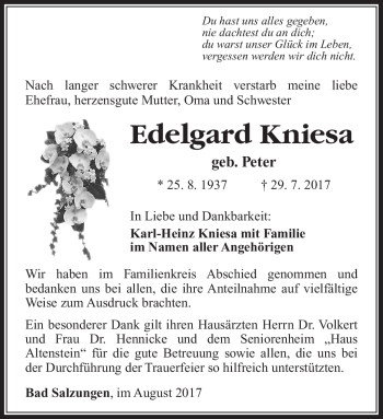 Traueranzeige von Edelgard Kniesa von Südthüringer Presse
