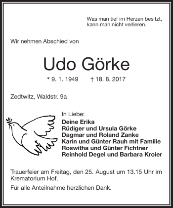 Traueranzeige von Udo Görke von Frankenpost