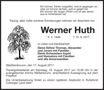 Traueranzeige von Werner Huth von Neue Presse Coburg