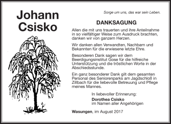 Traueranzeige von Johann Csisko von Südthüringer Presse