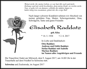 Traueranzeige von Elisabeth Raddatz von Südthüringer Presse