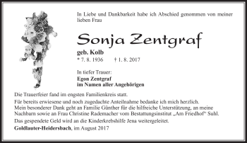 Traueranzeige von Sonja Zentgraf von Südthüringer Presse