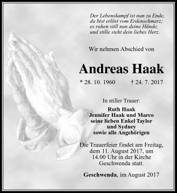 Traueranzeige von Andreas Haak von Südthüringer Presse