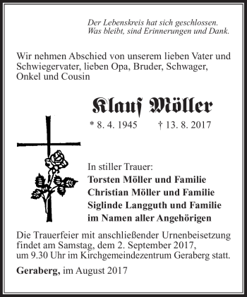 Traueranzeige von Klaus Möller von Südthüringer Presse