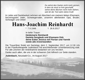 Traueranzeige von Hans-Joachim Reinhardt von Südthüringer Presse