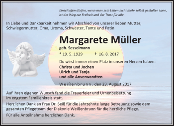 Traueranzeige von Margarete Müller von Neue Presse Coburg