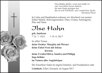 Traueranzeige von Ilse Hahn von Südthüringer Presse