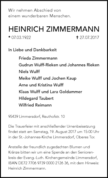 Traueranzeige von Heinrich Zimmermann von Frankenpost
