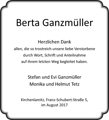 Traueranzeige von Berta Ganzmüller von Frankenpost