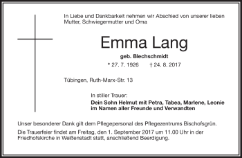 Traueranzeige von Emma Lang von Frankenpost