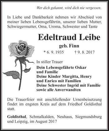 Traueranzeige von Edeltraud Leibe von Südthüringer Presse