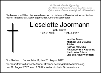 Traueranzeige von Lieselotte Joormann von Neue Presse Coburg