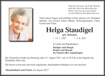 Traueranzeige von Helga Staudigel von Südthüringer Presse