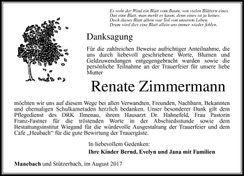 Traueranzeige von Renate Zimmermann von Südthüringer Presse