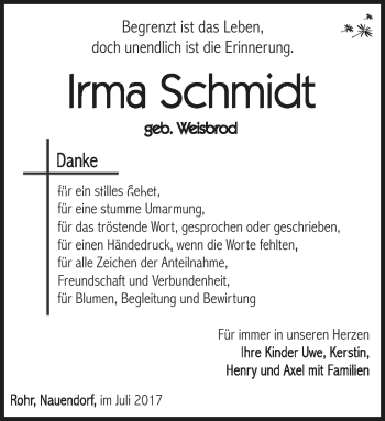 Traueranzeige von Irma Schmidt von Südthüringer Presse