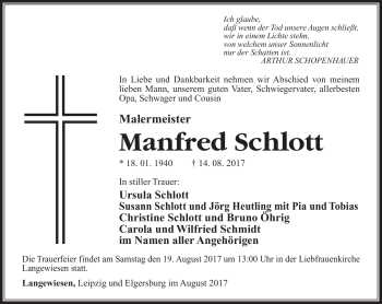 Traueranzeige von Manfred Schlott von Südthüringer Presse