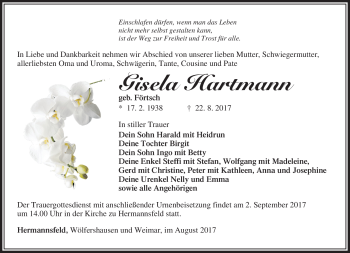 Traueranzeige von Gisela Hartmann von Südthüringer Presse